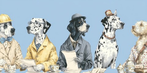 Four canine figures in vintage attire.