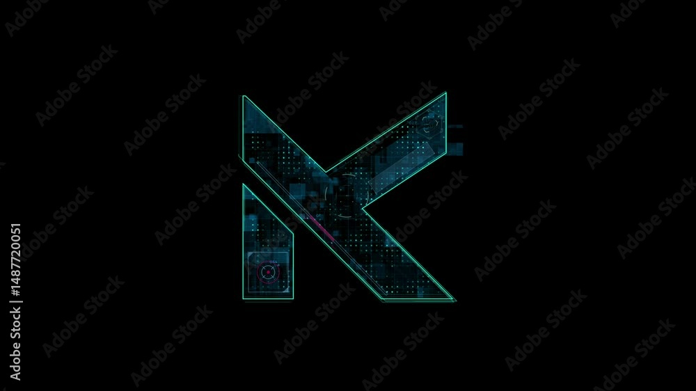 Poster futuristic neon tech letter k design with digital elements and patterns