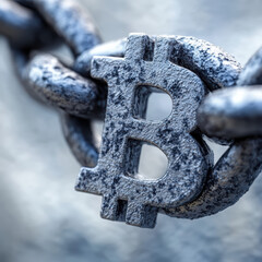 Close-up of a chain link with a Bitcoin symbol, representing cryptocurrency security, blockchain, and digital transactions. High quality photo