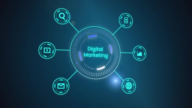 Digital marketing text anchors abstract HUD interface, glowing strategic icons connected through dynamic pathways, futuristic immersive  technology.
