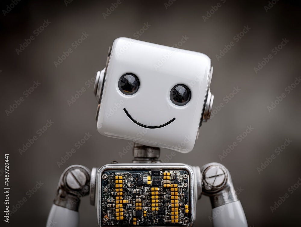 Poster charming robotic figure with a smiling face showcasing intricate circuitry and creative design eleme