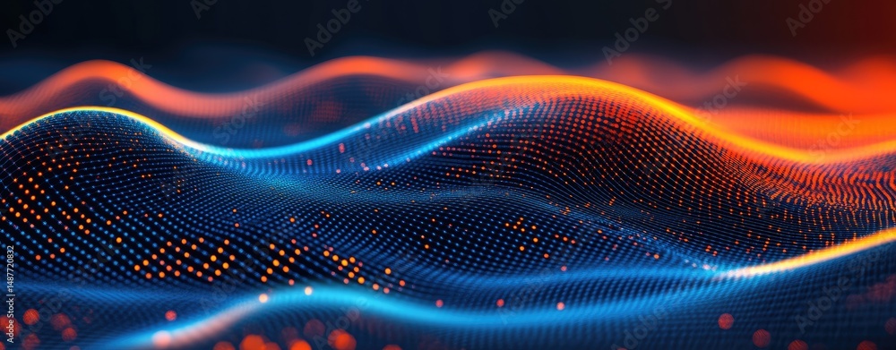 Poster abstract visualization of vibrant waves in a digital landscape. showcasing dynamic movement and glow
