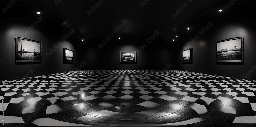 Poster a panoramic view of a modern art gallery featuring vibrant photographs on black walls. with a striki