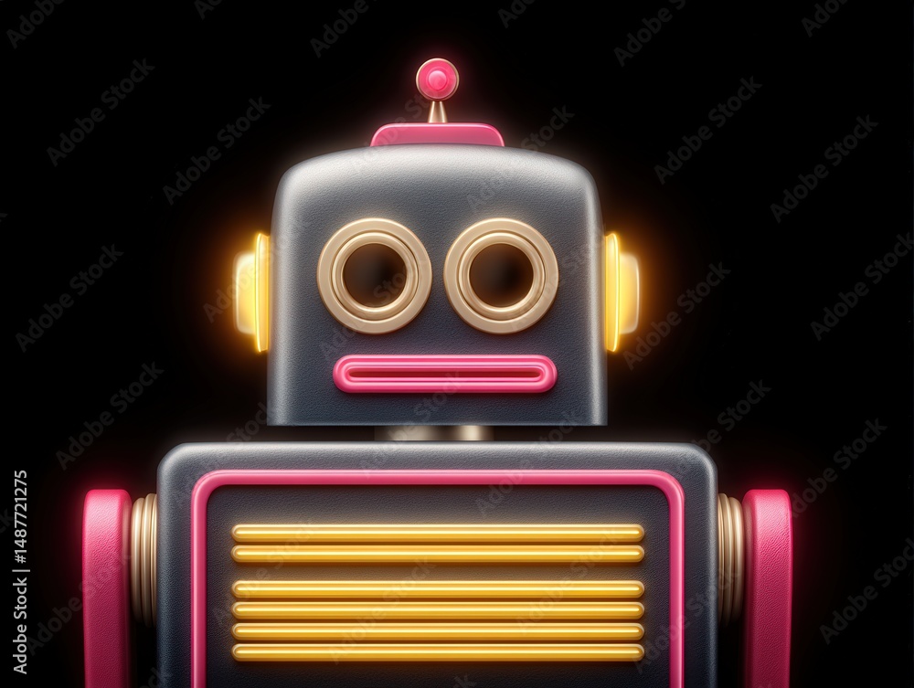 Poster whimsical retro robot design with vibrant colors and playful features, showcasing unique artistic el