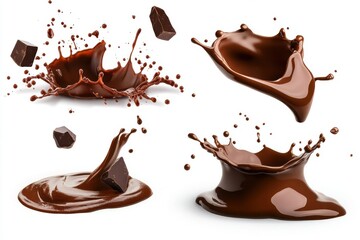 Set of delicious melted chocolate splashes isolated on white background, ideal for dessert, confectionery, and sweet themes