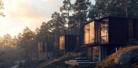 Modern architectural homes nestled in a serene forest setting during sunset. showcasing large glass windows reflecting warm light amidst lush greenery