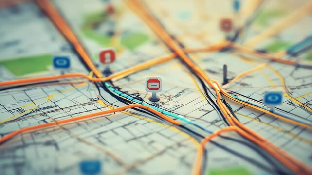 A map of a city with a bunch of icons on it. The icons are of various shapes and sizes, and they are scattered all over the map. The map is orange and white, and it looks like a 3D rendering of a city