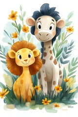 Cute lion and giraffe in a lush jungle setting