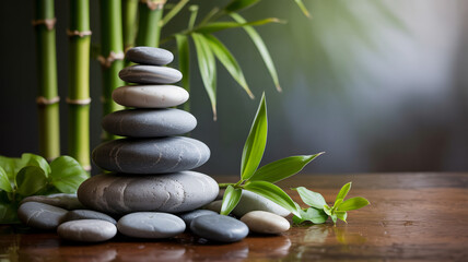 Obraz premium Zen spa concept with stacked grey stones bamboo and green leaves