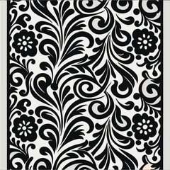 Baroque black floral seamless print. Elaborate swirling florals with a rich historical touch, repeating vector artwork for elegant packaging or decor.