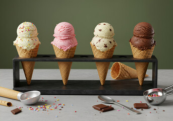 Vibrant display of four double-scoop ice cream cones with assorted pastel and dark flavors held in a modern black stand, surrounded by scattered colorful sprinkles and chocolate pieces, showcasing a s