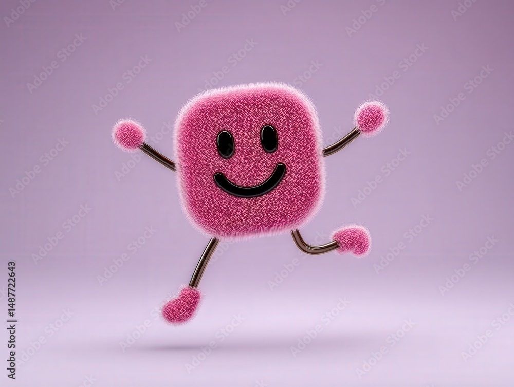 Poster Animated pink character joyfully displaying a smiling expression with fluffy texture, and upbeat posture radiating cheerfulness in a colorful digital setting captured with clarity