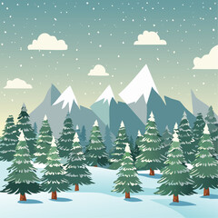 Obraz premium Snowy forest with fir trees vector illustration in scandinavian laconic style. Christmas natural background for postcards and invitations. New Year's backdrop of cold northern nature. 