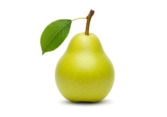Vibrant ripe pear with a green leaf, set against a minimalist white background, ideal for fresh food photography props."