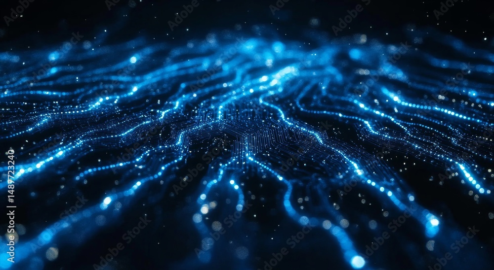 Poster data flow through digital networks and tech abstracts relies on blue circuitry and efficient network