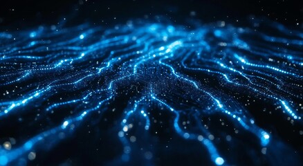 Data flow through digital networks and tech abstracts relies on blue circuitry and efficient network hubs