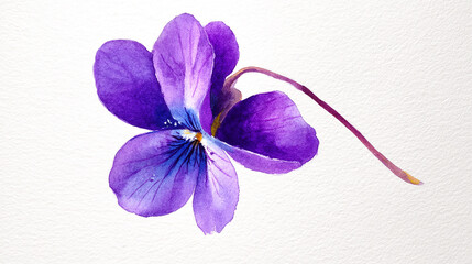 Beautiful watercolor painting of a delicate purple violet flower on white textured paper