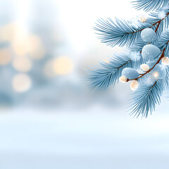 Winter snowy pine Christmas tree scenery Fir branches adorned with hoar frost create a Wonderland The wintry season is approaching for the New Year Serene blurred snowflakes form a winter background