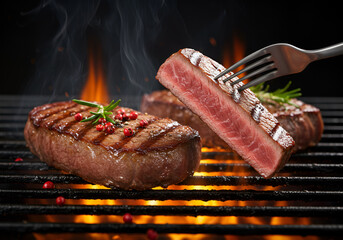 Fiery barbecue grill cooking sizzling steaks with a juicy pink interior, garnished with aromatic rosemary for an appetizing scene