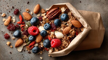 Delicious granola with fresh blueberries, raspberries, almonds, pecans, pumpkin seeds, goji berries, and dried cranberries spilling from a paper bag on gray surface.
