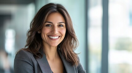 Confident businesswoman smiling, radiating professionalism and approachability in a modern office setting.
