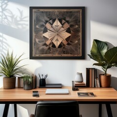 A modern workspace featuring greenery and artistic decor for productivity.