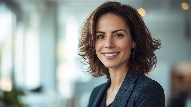 Confident businesswoman smiling, radiating professionalism and approachability in a modern office setting.
