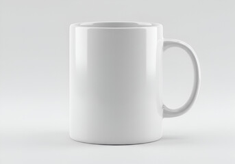 Sleek white mug with a glossy finish in a pristine studio setting, ideal for modern product mockups
