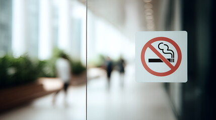 No smoking sign on a glass door, red circle with cigarette icon crossed out, public place background