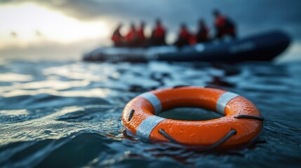 A vibrant orange lifebuoy floats on calm waters during sunset. with a group of people in a boat silhouetted against the colorful sky in the background