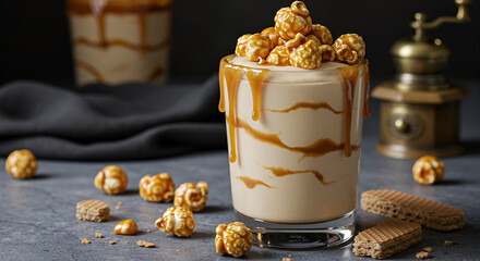 Rich caramel-drizzled dessert with elegant popcorn topping, styled in a rustic setting for food photography