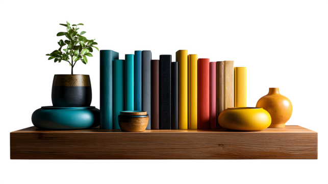 Decorative bookshelf with arranged books, a small plant, and ceramic pieces, minimalist layout, isolated to transparent background