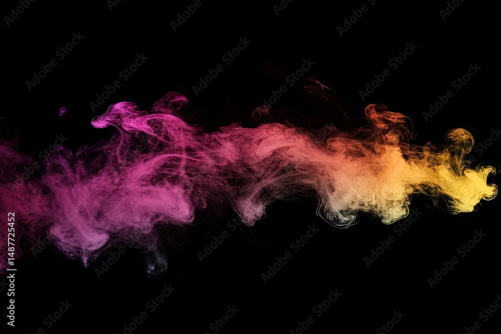 Poster vibrant swirls of yellow and pink smoke gracefully blend against a black background. creating an abs