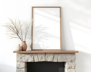 Blank frame mockup on mantelpiece with vases and plants for decoration