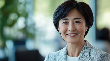 Confident businesswoman smiling, radiating professionalism and approachability in a modern office setting.
