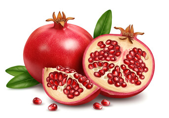 Juicy pomegranate with vibrant red seeds in a fresh natural setting, showcasing a glossy fruit exterior for a healthy fruit display