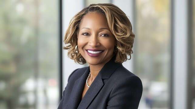 Confident businesswoman smiling, radiating professionalism and approachability in a modern office setting.
