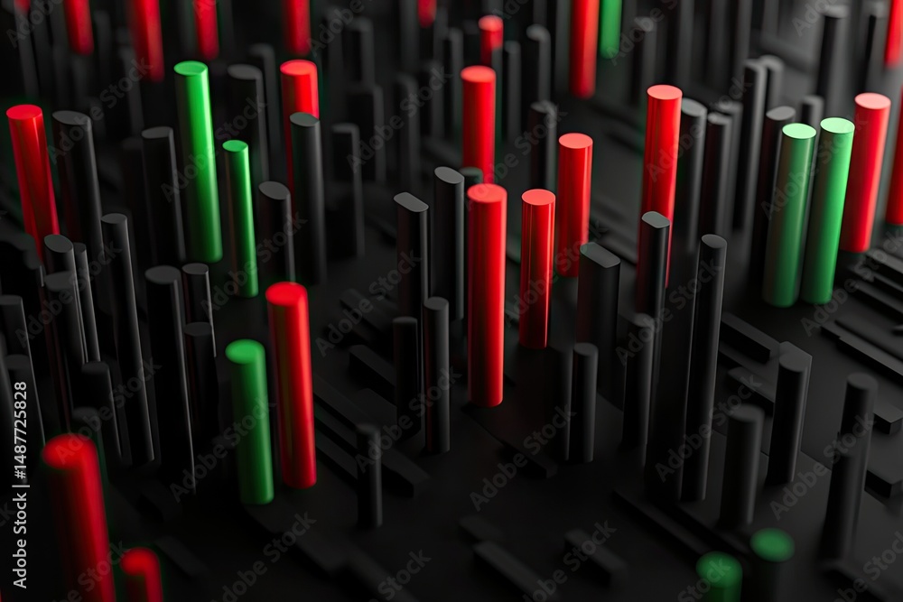 Poster abstract digital landscape featuring vibrant red and green data visualizations rising from a texture
