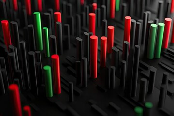 Abstract digital landscape featuring vibrant red and green data visualizations rising from a textured dark background. suggesting a high-tech or futuristic environment