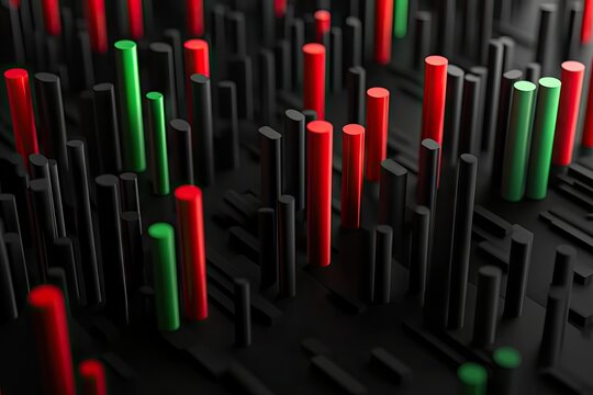 Abstract digital landscape featuring vibrant red and green data visualizations rising from a textured dark background. suggesting a high-tech or futuristic environment