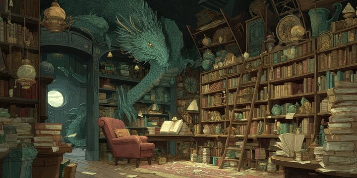 Enchanting library filled with ancient books and a majestic dragon.