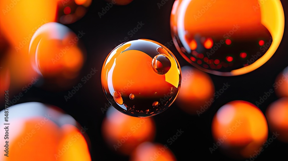 Poster a vibrant display of floating orange spheres against a dark background. creating a dynamic and energ