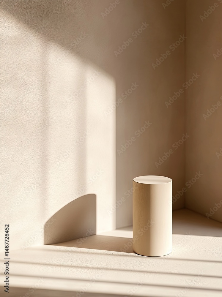 Poster a minimalist scene featuring a white cylindrical object on a soft beige surface. illuminated by natu