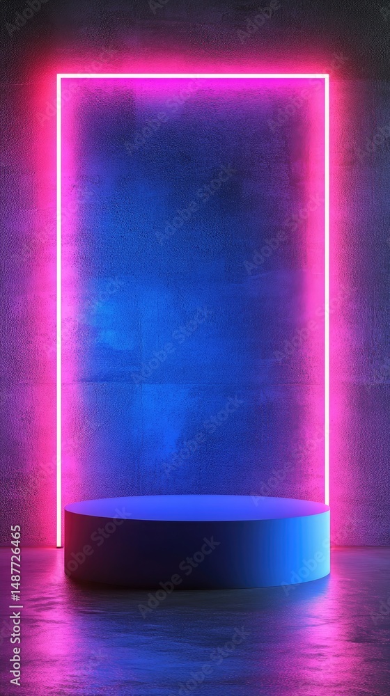 Aufkleber a vibrant neon-lit archway stands on a circular platform against a dark backdrop. surrounded by lush