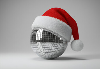 Bold shiny disco ball adorned with a red and white Santa hat, great for seasonal celebrations