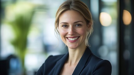 Confident businesswoman smiling, radiating professionalism and approachability in a modern office setting.
