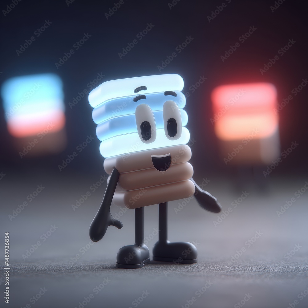 Poster cute animated character resembling a light-up dessert with bright features smiling in a playful sett