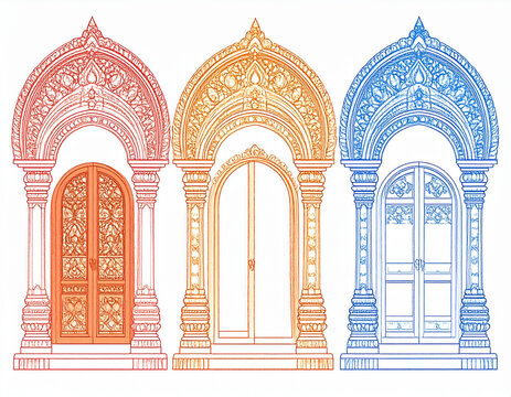 Intricately carved toranas (archways) decorating Buddhist temples in Sri Lanka