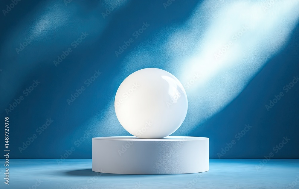 Poster a minimalist composition featuring a large white circle and a smaller sphere on a circular platform 