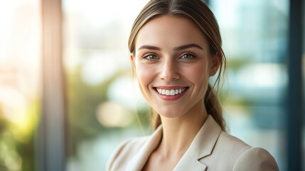 Confident businesswoman smiling, radiating professionalism and approachability in a modern office setting.
